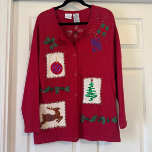 Vintage 80’s Women's Bobbie Brooks Christmas Cardigan XL Red Embroidered Sweater